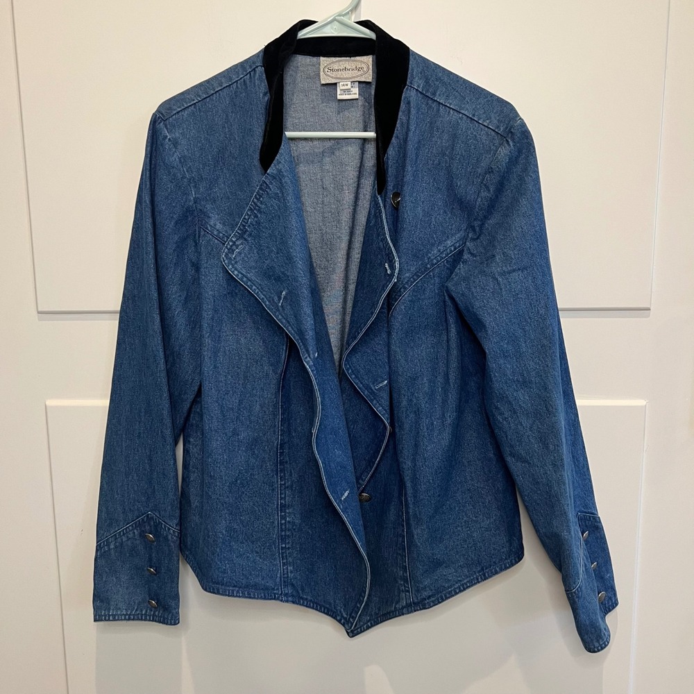 Stonebridge Denim‎ Jacket Womens 14W Velvet Trim Western Style Snap 80s Vintage